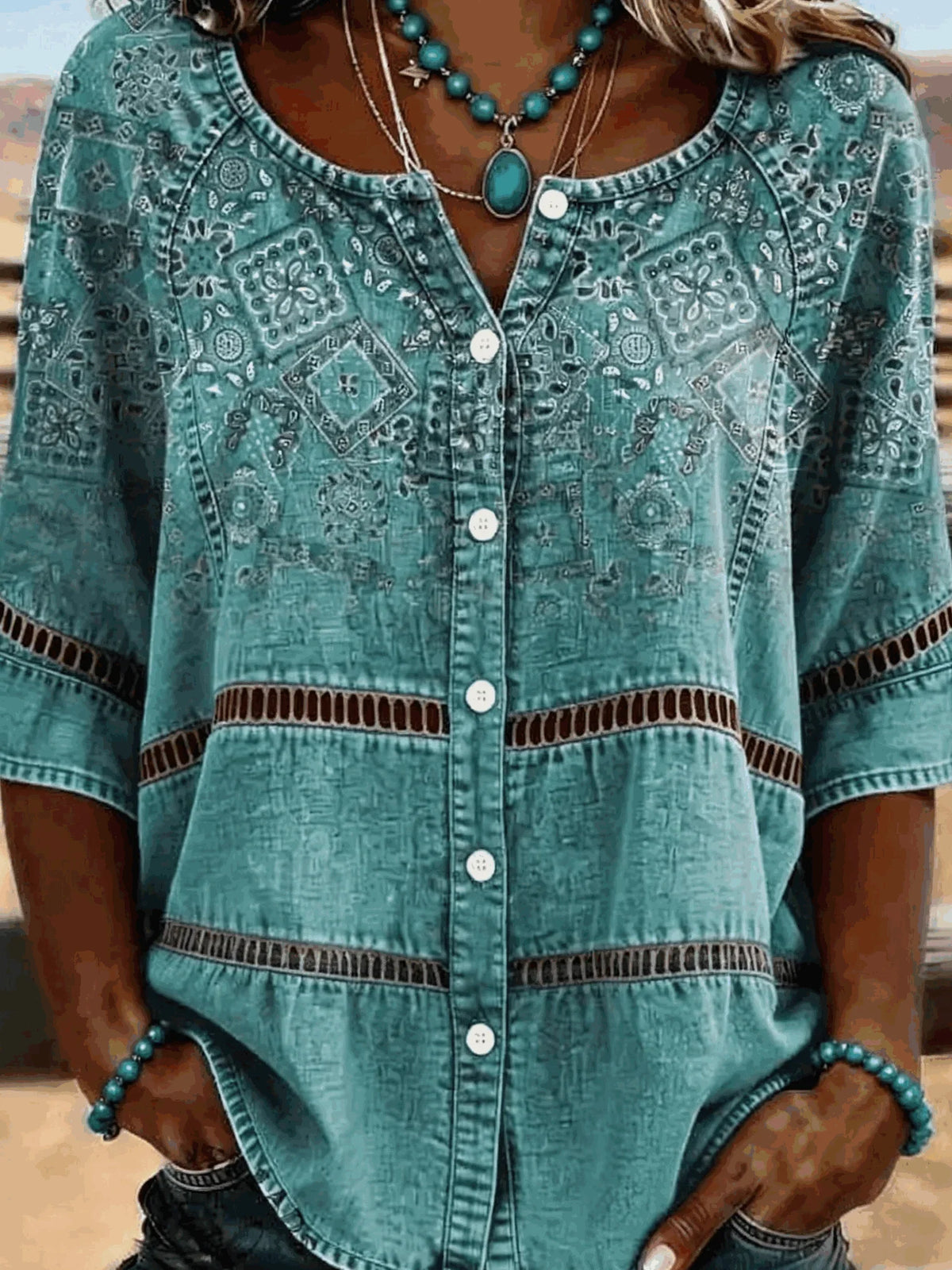 Cyan Western Paisley Patchwork Henley Collar Half Sleeve Button Down Shirt