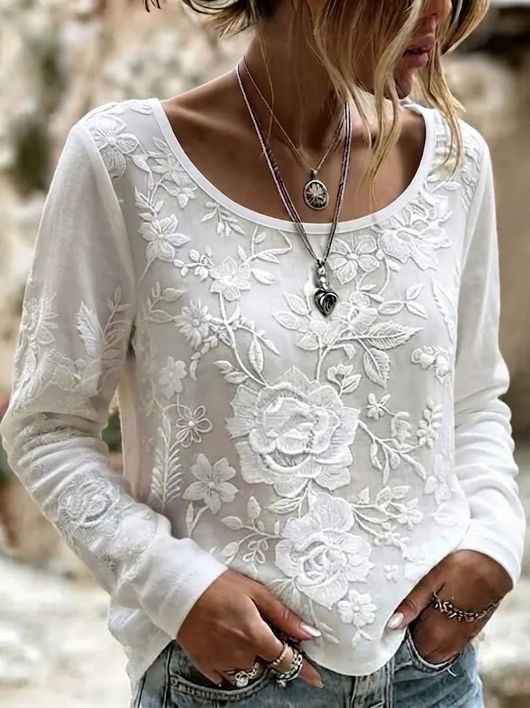 White Large Rose Floral Embroidery Scoop Neck Long Sleeve Casual T-Shirt