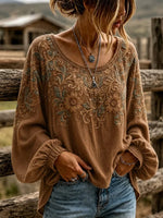 Brown Vintage Floral Scroll Embroidery Scoop Neck Puff Elastic Cuff Long Sleeve Loose Blouse