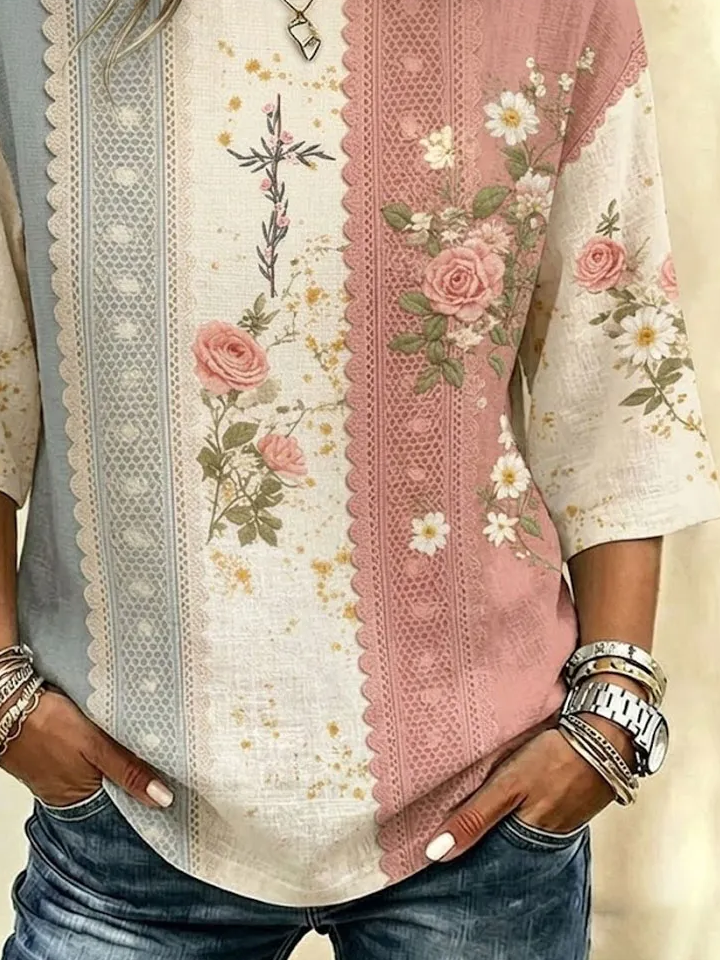 Color Block Lace Panel Rose Floral Print Crew Neck Half Sleeve Casual Blouse