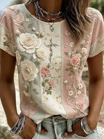 Pink Color Block 3D Rose Floral Pearl Trim Crew Neck Short Sleeve Casual T-Shirt