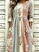 Color Block Lace Panel Rose Floral Print Crew Neck Three-Quarter Sleeve H-Line Midi Dress