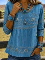 Light Blue Vertical Striped Eyelet Lace Trim Scoop Neck Three-Quarter Sleeve Loose Blouse