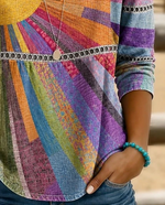 Multicolor Sunburst Rainbow Striped Eyelet Lace Scoop Neck Peplum Three-Quarter Sleeve Loose Blouse