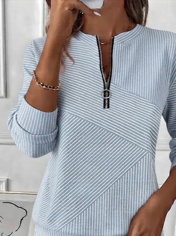 Light Blue Diagonal Striped Half Zip Stand Collar Long Sleeve Casual Sweatshirt