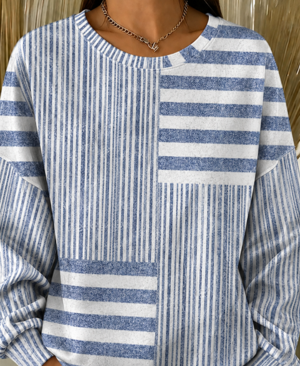 Blue White Patchwork Mixed Vertical & Horizontal Stripe Crew Neck Long Sleeve Loose Sweatshirt