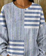 Blue White Patchwork Mixed Vertical & Horizontal Stripe Crew Neck Long Sleeve Loose Sweatshirt