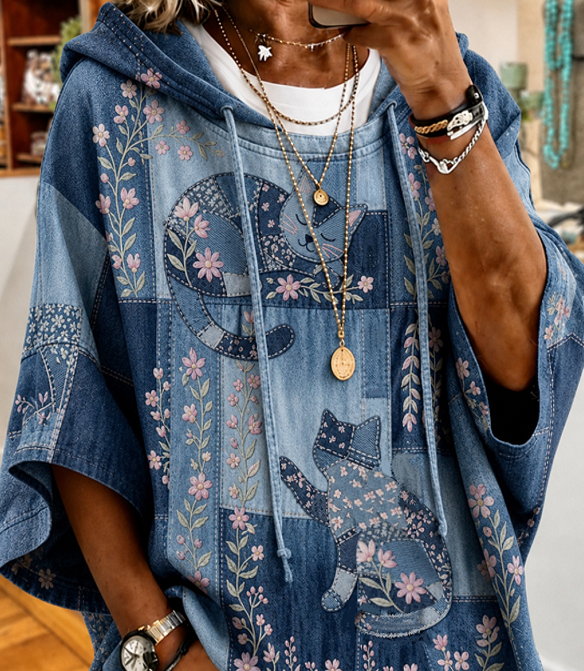 Denim Patchwork Floral Cat Print Short Sleeve Drawstring Hoodie