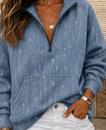 Blue Delicate Floral Print Half Zip Stand Collar Long Sleeve Sweatshirt