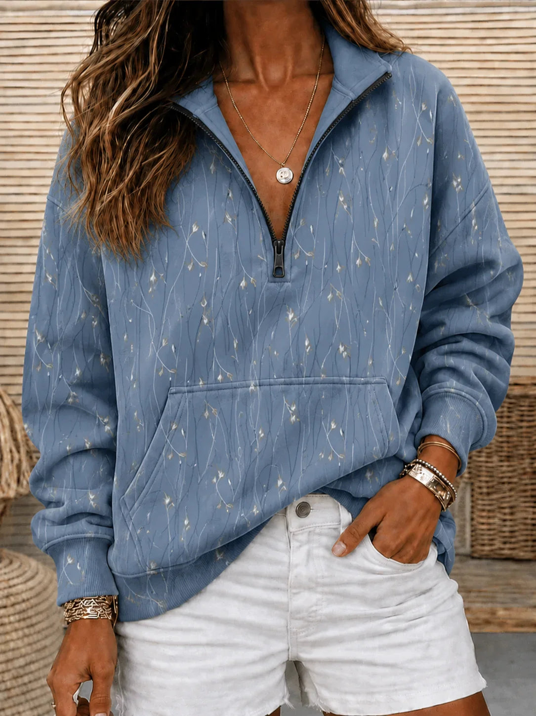 Blue Delicate Floral Print Half Zip Stand Collar Long Sleeve Sweatshirt