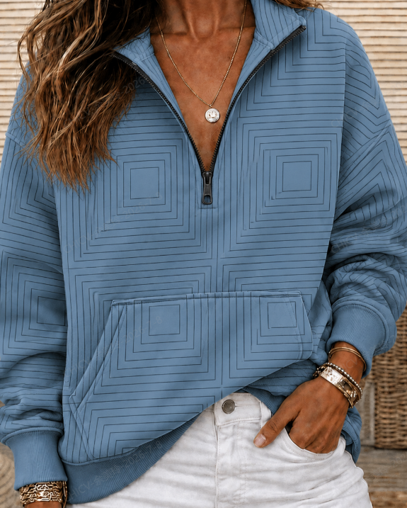 Square Geometric Print Half Zip Stand Collar Long Sleeve Sweatshirt