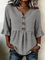 V Neck Half Sleeve Houndstooth Regular Fit Blouse For Women