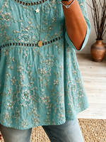 Vintage Crew Neck Half Sleeve Floral Printing Regular Micro-Elasticity Loose Blouse For Women