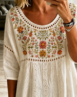 Vintage Crew Neck Half Sleeve Floral Printing Regular Micro-Elasticity Loose Blouse For Women