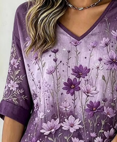 Vintage Floral Casual V Neck Half Sleeve T-shirt