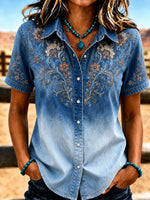 Shawl Collar Short Sleeve Floral Micro-Elasticity Regular Fit Shirt For Women