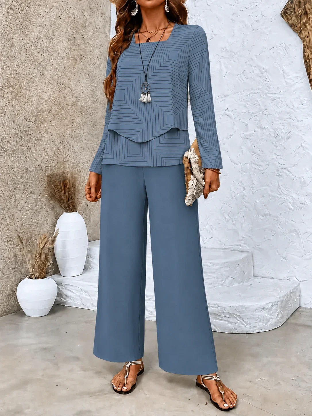 Textured Square Neck Long Sleeve Top & Wide Leg Pants Two-Piece Outfit Set