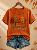Fall Tree Print Crew Neck Short Sleeve Casual T-shirt