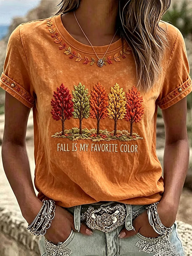 Fall Tree Print Crew Neck Short Sleeve Casual T-shirt