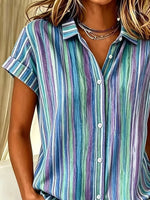 Women Abstract Stripes Casual Shirt, Shirt Collar Short Sleeve Button Down Printed Top