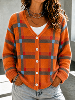 Plaid Pattern V-Neck Button Front Knit Cardigan