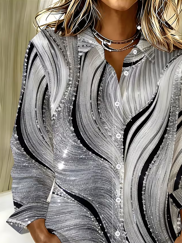 Abstract Wave Print Turn-Down Collar Button Front Long Sleeve Shirt