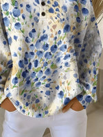 Watercolor Blue Floral Henley Button Crew Neck Waffle Knit Top