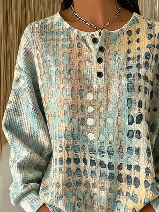 Abstract Dot Print Henley Button Crew Neck Waffle Knit Sweatshirt