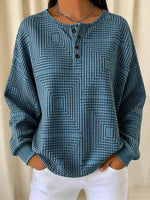 Geometric Square Line Print Henley Button Crew Neck Long Sleeve Sweatshirt
