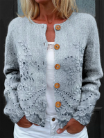 Title Vintage Floral Hollow Knit Long Sleeve Button Front Cardigan