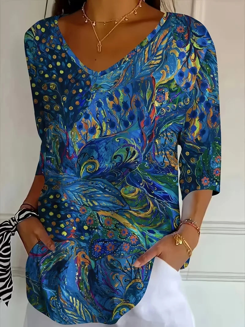 Casual Abstract V Neck Three Quarter Sleeve T-shirt