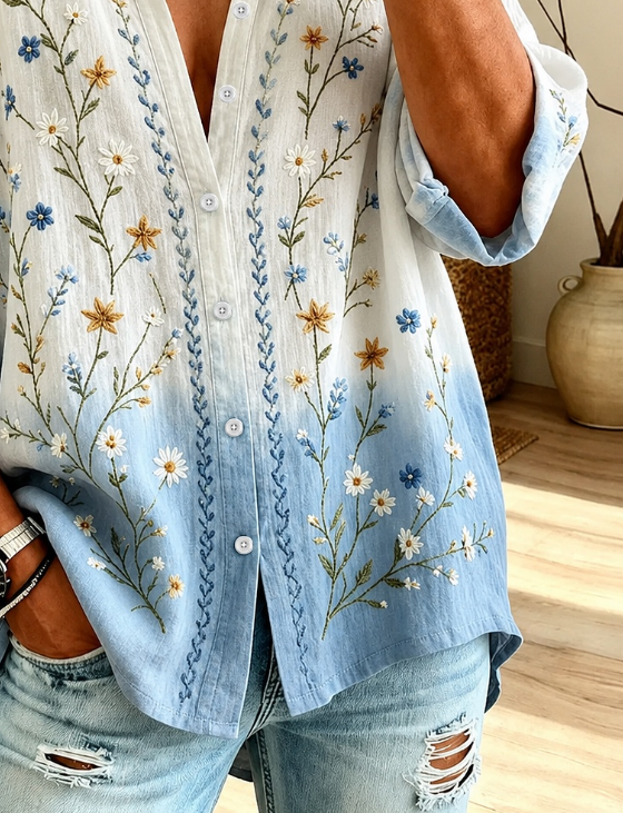 Women Floral Vintage Shirt Shirt Collar Long Sleeve Printing Top