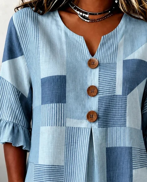Women Abstract Graphic Vintage Blouse V Neck Half Sleeve Top