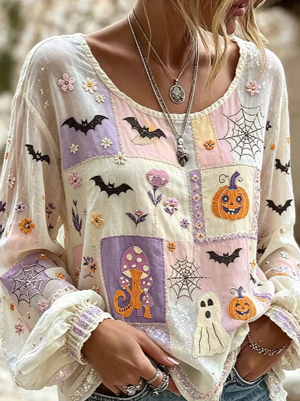Women Halloween Casual Blouse Crew Neck Long Sleeve Printing Top