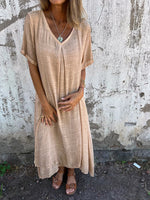 Women's Casual Cotton Linen wi Button Down 1/2 Long Sleeve Lapel V Neck Summer Midi Dresses