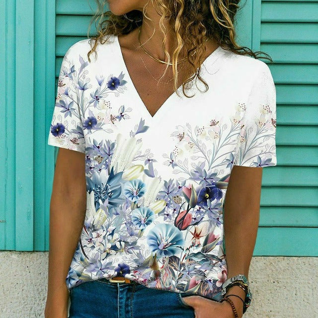 Summer Women's Short Sleeve V Neck Floral Print Loose Top