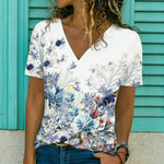 Summer Women's Short Sleeve V Neck Floral Print Loose Top