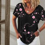 Summer Solid Color Top V Neck Floral Print Casual Loose T-Shirt