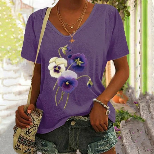Casual Purple Floral Printed V Neck T-Shirt