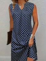 Vintage Sleeveless Navy Blue Polka Dot V-neck Short Dress