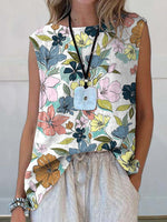 Floral Pattern Printed Round Neck Casual Tank Top