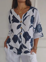 Casual White Floral Buttoned V-Neck Blouse