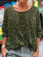 Ethnic Round Neck Long Sleeve Loose T-shirt