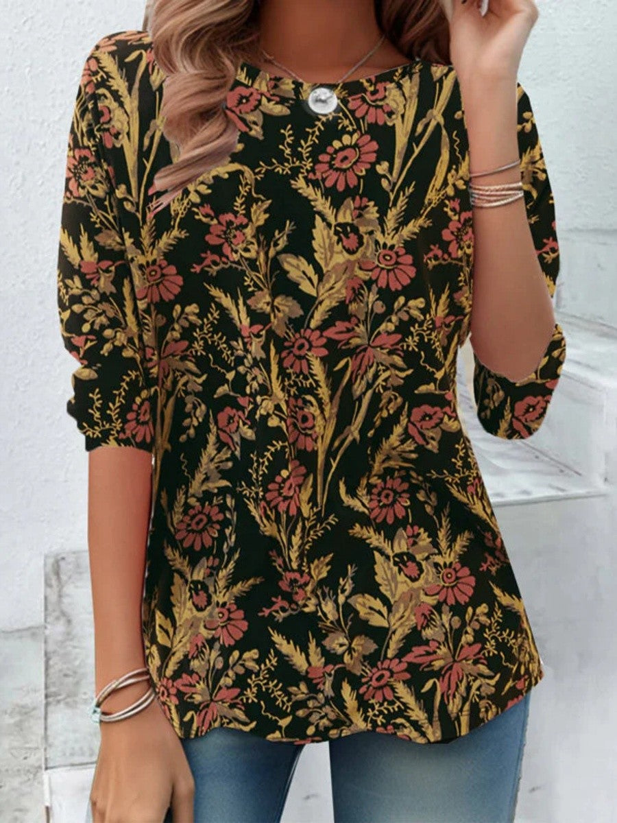 Floral Round Neck Long Sleeve Casual T-Shirt