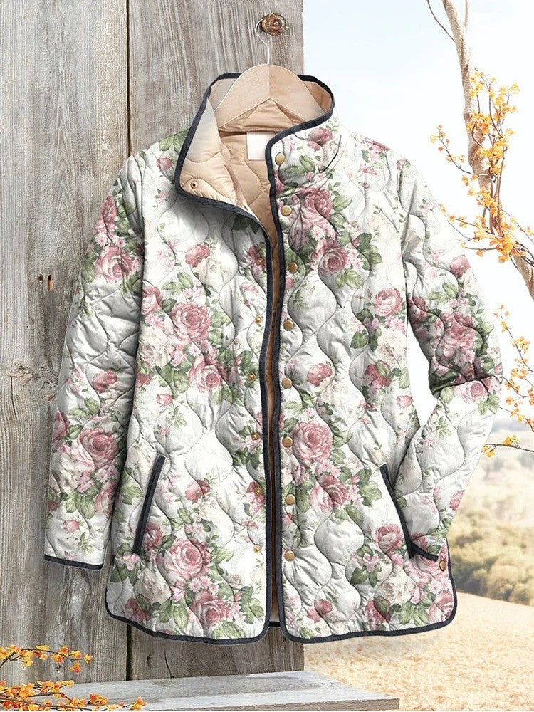 Casual Quilted Cardigan with Fresh Pink Roses Print