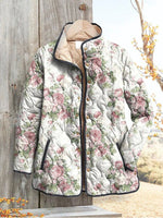 Casual Quilted Cardigan with Fresh Pink Roses Print