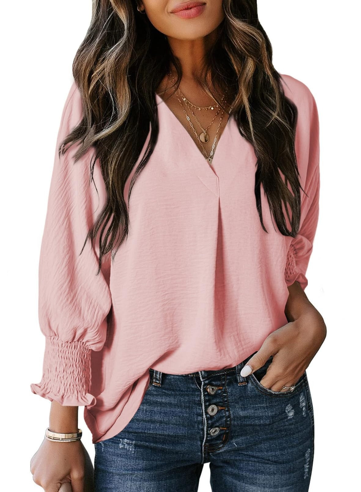 Women's Casual 3/4 Sleeves V-Neck Loose Basic T-Shirt