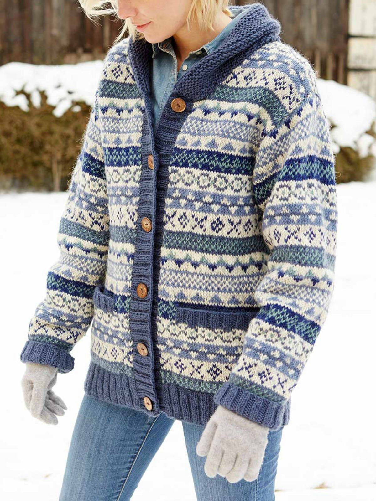 Hand Knitted Shawl Collar Fair Isle Cardigan