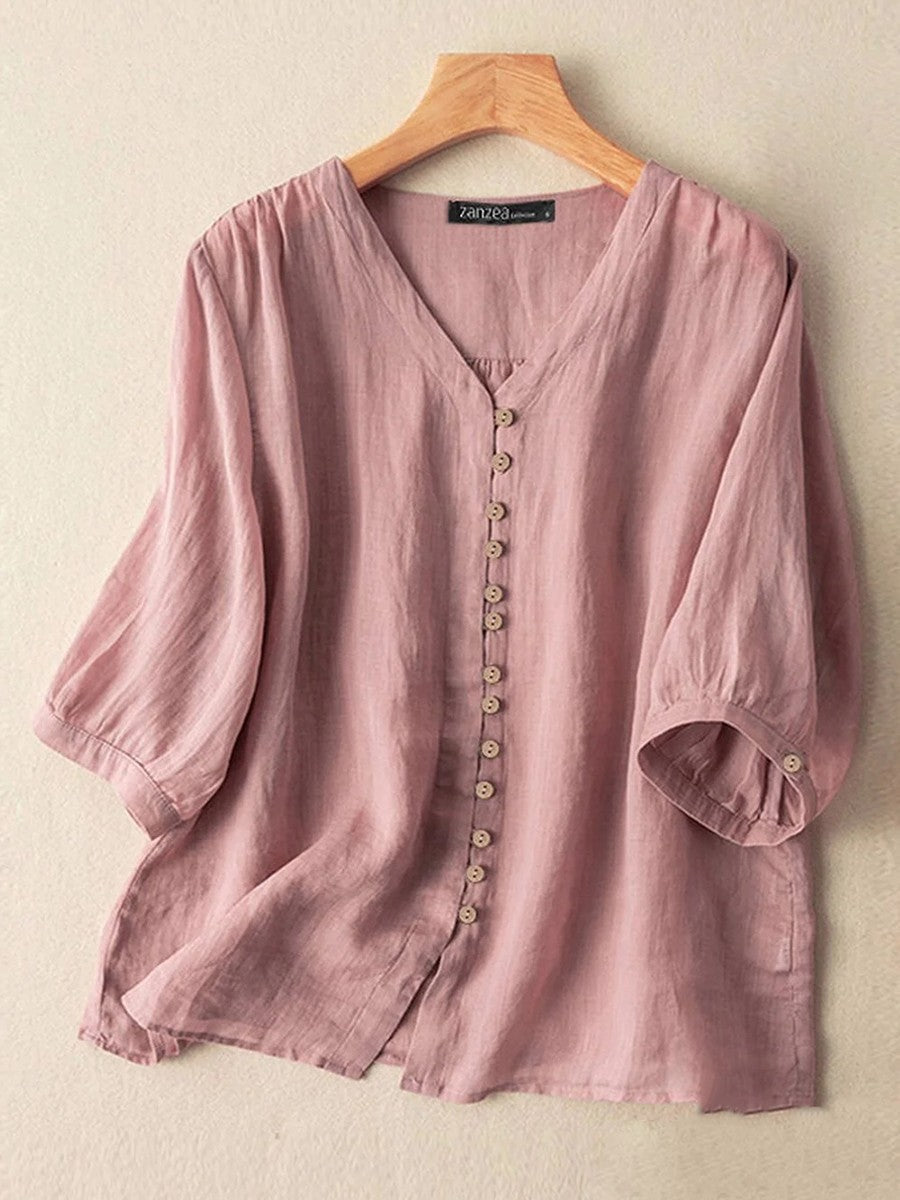 Solid Color V-Neck Buttoned Cotton 3/4 Sleevess Shirt