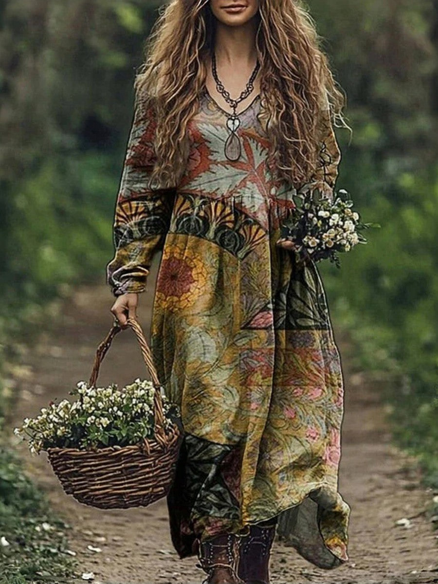 Vintage Floral Print Midi Dress